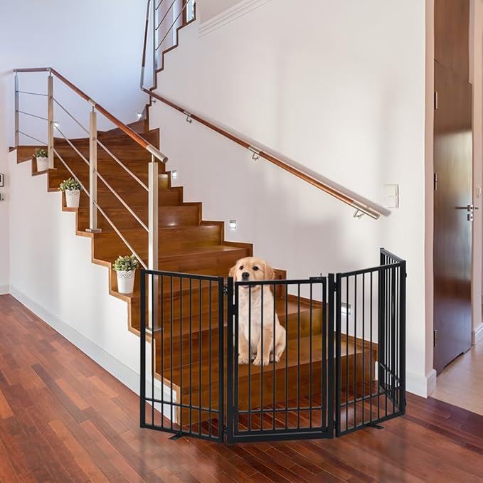 Metal Freestanding Dog Gate with Door, Extra Wide 81", 31" Height Foldable Dog Gates for Doorways, Tall Pet Fence Indoor Outdoor Pet Gates, 4 Panels Pet Barrier for Stairs Hallways, Black