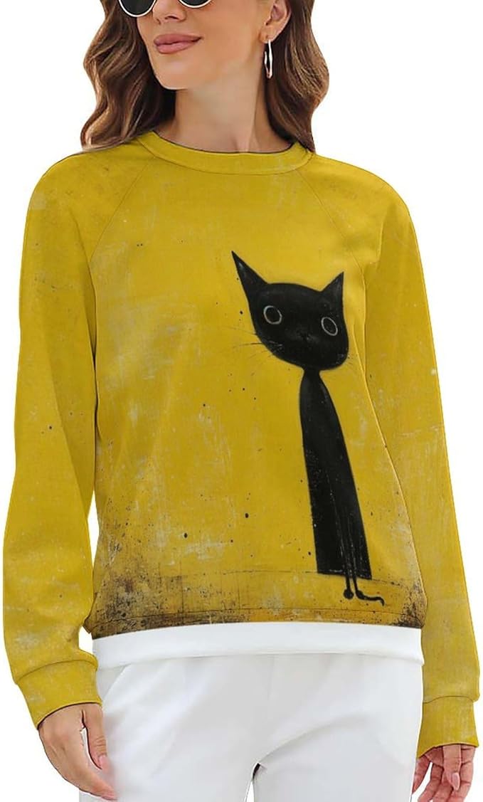 Biacolum Long Sleeve Shirts for Women Mid Century Retro Style Atomic Cat 3D Graphic Sweatshirts Fall Crewneck Pullover Top