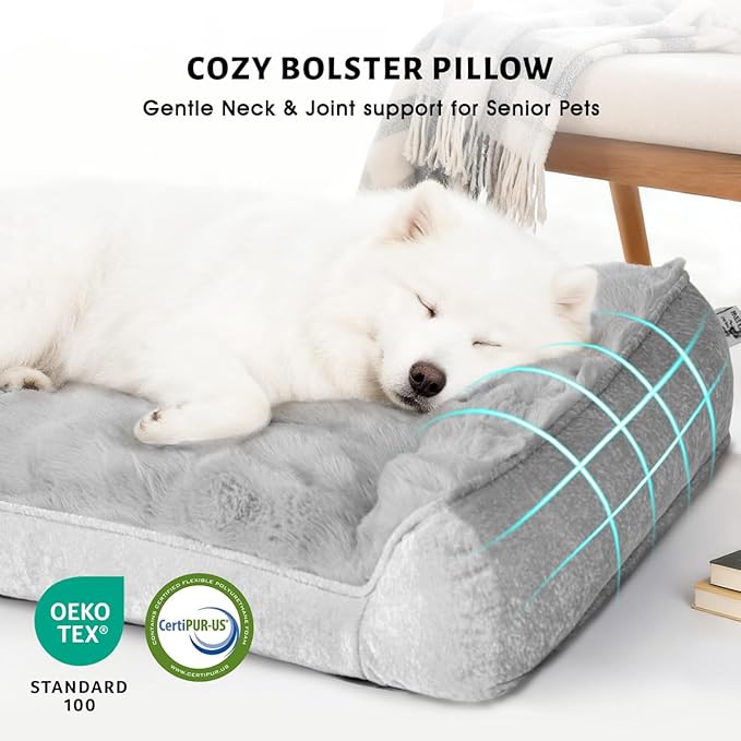 Orthopedic Dog Bed for Large Dogs - 48" Faux Fur Pet Couch with Removable Washable Cover, Nonskid Bottom, Supportive Foam, Comfortable Dog Sofa Bed for Medium Large Dogs, Gray