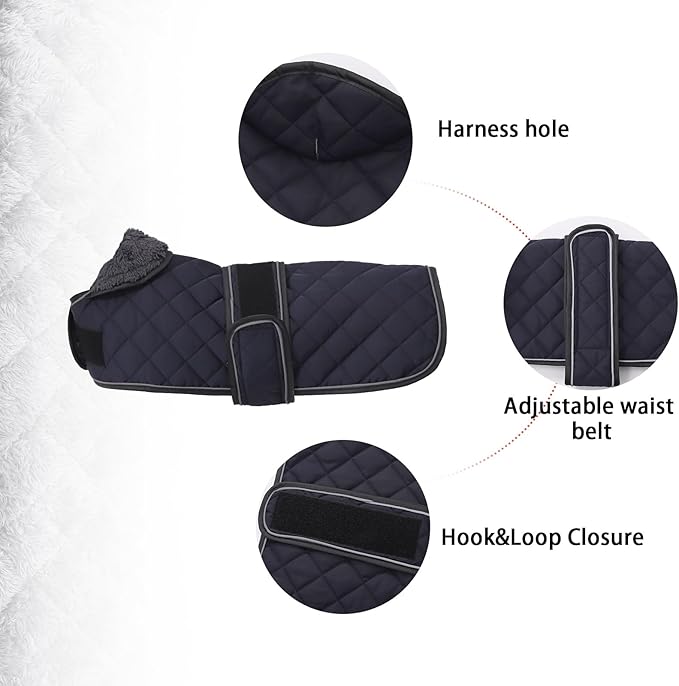 Warm Thermal Quilted Dachshund Coat, Dog Winter Coat with Warm Fleece Lining, Outdoor Dog Apparel with Adjustable Bands for Medium, Large Dog-Dark Blue-L