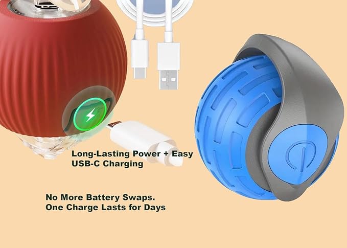 KBLZONE Interactive Cat Ball Toy – Smart Rolling Pet Ball with Obstacle Avoidance, USB Rechargeable, Cord Tail Design – Fun Enrichment Toy for Indoor Cats & Small Dogs (Blue + Red)