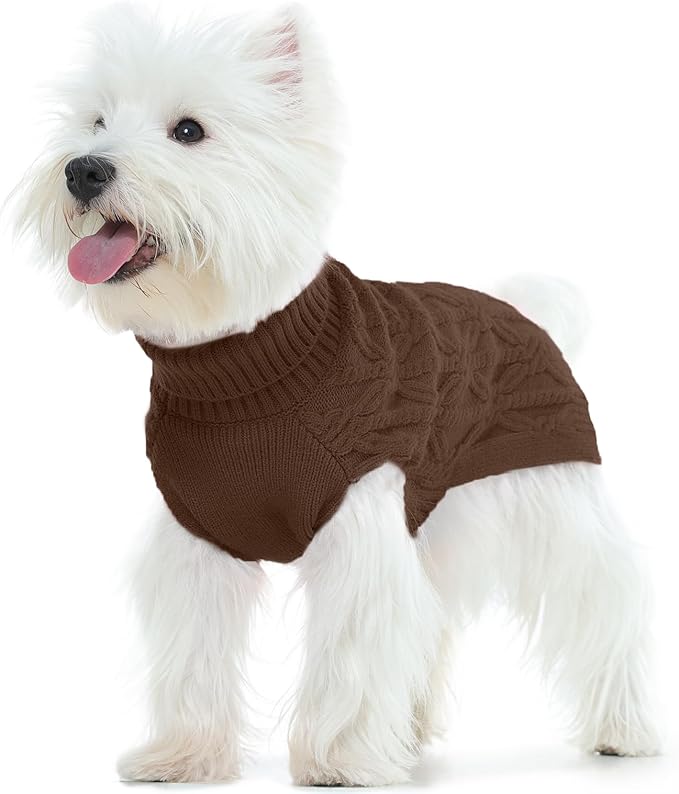 FUAMEY Dog Sweaters for Extra Small Dogs,Cold Weather Dog Knitwear,Thick Warm Dogs Turtleneck,Pet Pullover Cable Sweater,Pets Winter Clothes for Yorkshire Poodle Corgi Brown XS