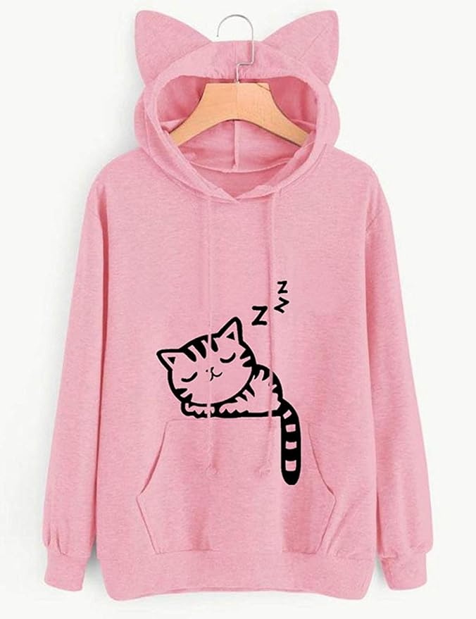 Women Girl Hoodies Cute Cat Ear Novelty Printed Pullover Sweatshirt