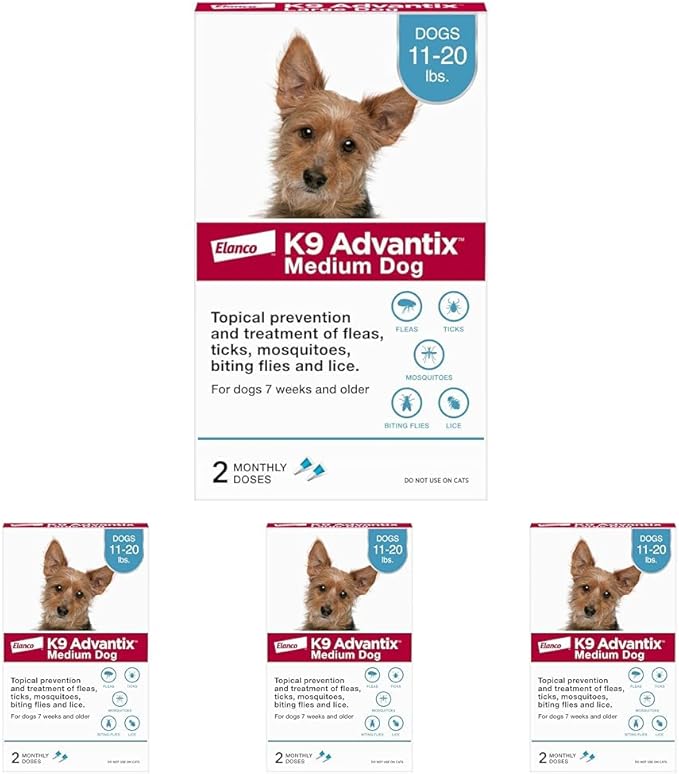 K9 Advantix Flea, Tick & Mosquito Prevention for Dogs 11-20 lbs. | Flea Drops for Medium Dogs | Apply Monthly | 2 Treatments (Pack of 4)
