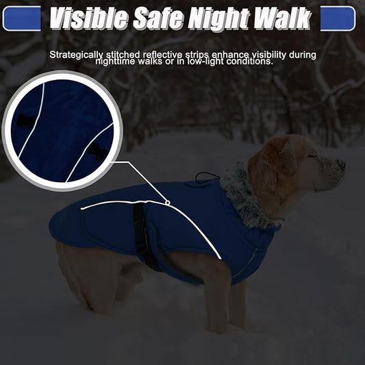DENTRUN Winter Warm Dog Coat Reflective Jacket with Turtleneck for Cold Weather, Adjustable Buckle Windproof Water Repellent, Thick Snowsuit Fleece Vest for Small, Medium, Large Dogs, Blue, XL
