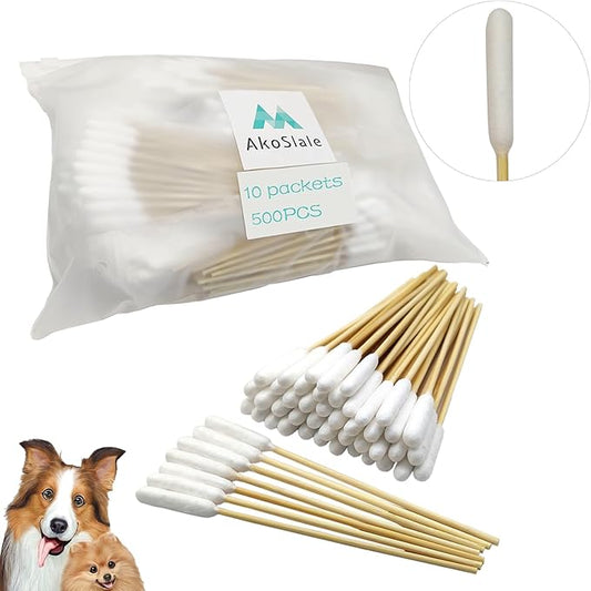 Dog Ear Cleaning, 500 Count – 4.72 Inch Bamboo Cotton Swabs with Large Lint-Free Absorbent Tips for Medium Dogs, Wax Removal & Grooming, Eco-Friendly, Resealable Pouch