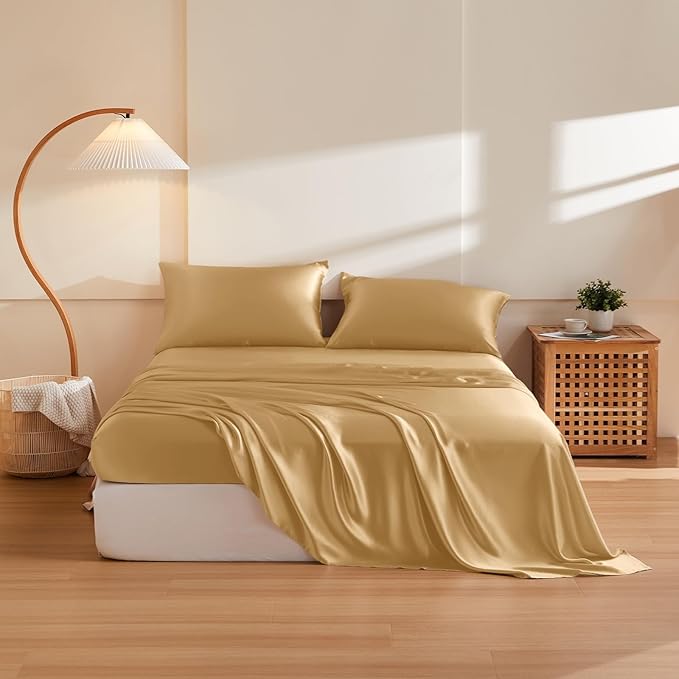 THXSILK Silk Sheet Set 5Pcs, 6A+ Top Grade 100% Pure Mulberry Silk Bed Sheets, Ultra Soft Durable Luxury Bedding Sets, 2 Fitted Sheet, 1 Flat Sheet and 2 Pillowcases (Split King, Metallic Gold)