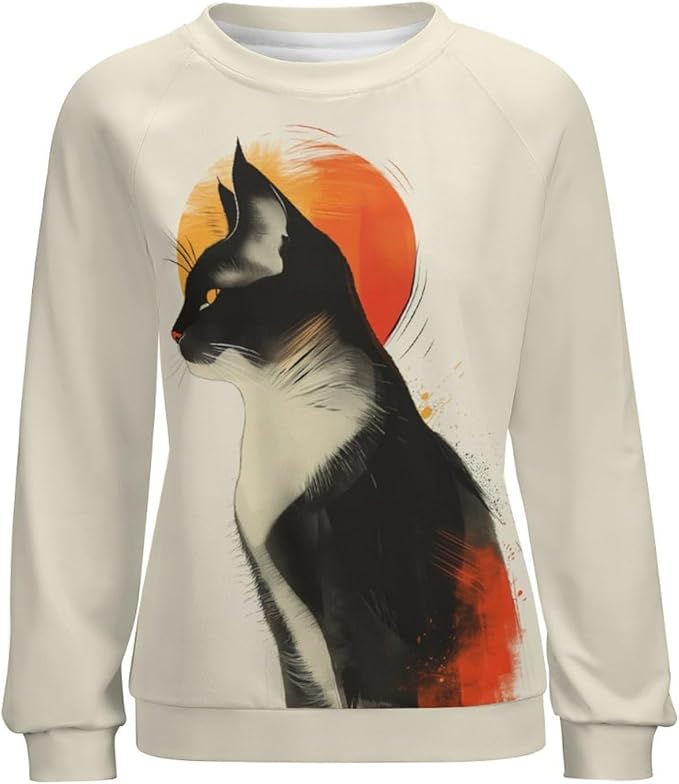 Biacolum Long Sleeve Shirts for Women Mid Century Retro Style Atomic Cat 3D Graphic Sweatshirts Fall Crewneck Pullover Top