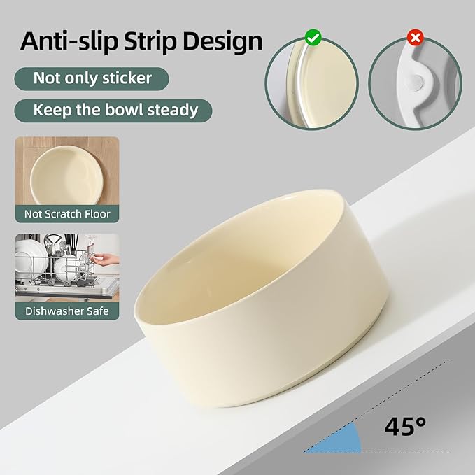 Ceramic 6.1inch Raised Dog Bowl with Stand for Small and Medium Breed Dog Dish Pet Food and Water Bowl (Double Bowl with Stand - Beige, 28oz)