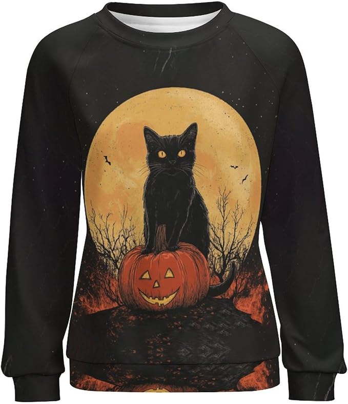Womens novelty funny cat printed crewneck sweatshirt casual loose long sleeve graphic pullover sweatshirts tops