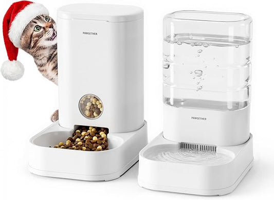 PAWGETHER® 2 Pack Gravity Cat Feeder and Water Dispenser 1 Gallon/3.5L Automatic Cat and Dog Feeder and Watererer with Pet Food Bowl for Puppy Kitten Rabbits