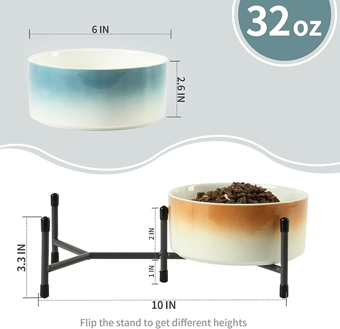 32 OZ Ceramic Dog Cat Bowl with Elevated Metal Stand, 6 Inch Ceramic Pet Dish for Food and Water, Pet Feeder Bowls for Cats & Dogs - Set of 2, Blue & Brown