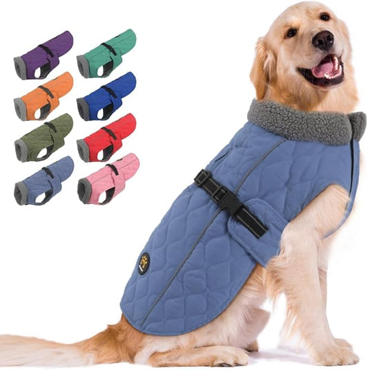 Dog Winter Jackets, Furry Collar Warm Coats for Dogs with Fleece Lining, Reflective Cold Weather Doggie Jackets with Leash Hole and Buckle, Windproof Pet Coats for Large Dogs, Blue L