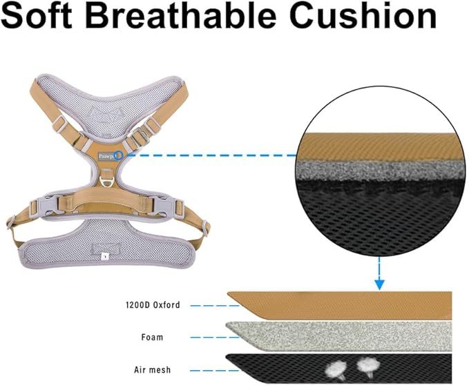 Adjustable Dog Harness - No Pull, Reflective, Soft Padded for Small, Medium, Large Dogs - Includes Leash Beige L