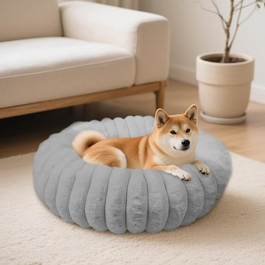 Donut Dog and Cat Bed, Luxurious Comfortable Faux Rabbit Fur Pet Beds, Round Anti-Anxiety Calming Puppy Kitten Bed with Anti-Slip Bottom for Small Medium Dogs & Cats(28", Grey)