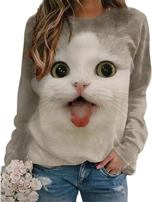IVERIRMIN Women's 3D Cute Cat Print Sweatshirt Casual Long Sleeve Crewneck Cute Cat Pullover Loose Fit Shirts