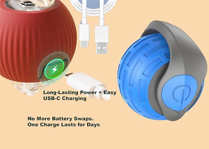 KBLZONE Interactive Cat Ball Toy – Smart Rolling Pet Ball with Obstacle Avoidance, USB Rechargeable, Cord Tail Design – Fun Enrichment Toy for Indoor Cats & Small Dogs (Blue + Red)
