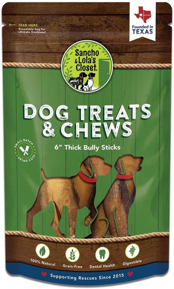 Supreme 6-inch Thick Bully Sticks by Sancho and Lola’s (10 Pack) All-Natural, Long-Lasting Dog Chew Treats - Free-Range, Grass-Fed Beef - Low Odor