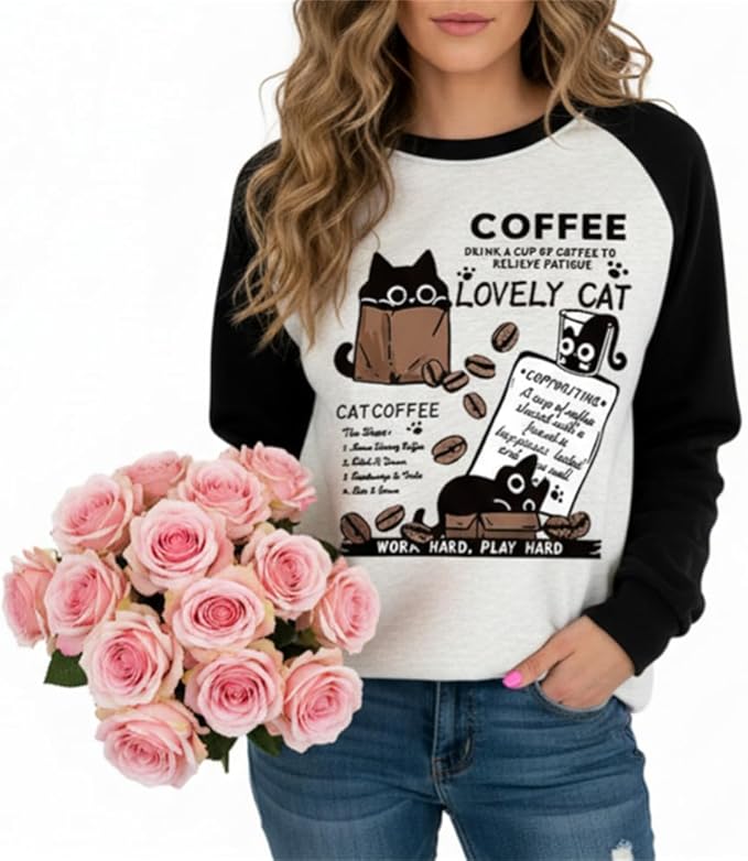 IVERIRMIN Women's 3D Cute Cat Print Sweatshirt Casual Long Sleeve Crewneck Cute Cat Pullover Loose Fit Shirts