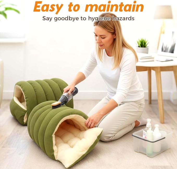 Cat Dog Cave Bed, 2026 New Winter Cave for Dog and Cat, Warm Plush Covered Cat House with Removable Cushion, Soft Sleeping Bed for Indoor Cats (Green, Large)