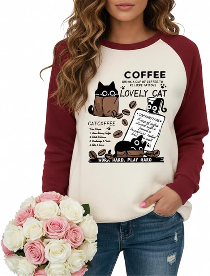 IVERIRMIN Women's 3D Cute Cat Print Sweatshirt Casual Long Sleeve Crewneck Cute Cat Pullover Loose Fit Shirts