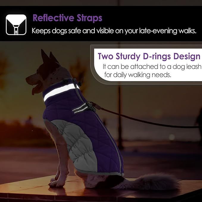 AOFITEE Dog Coat, Warm Dog Jacket, Reflective Winter Coats for Medium Dogs, Turtleneck Dogs Winter Jacket with Harness Built in, Waterproof Windproof Pet Fleece Vest Puffer Jacket, Purple M