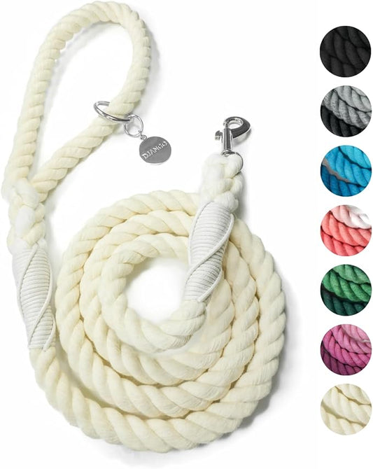 DJANGO Cotton Rope Dog Leash 5ft – Handcrafted Dog Leash and Cream Braided Leash for Small, Medium, and Large Dogs – Durable 5 Foot Training Lead for Puppies and Adult Dogs – Silver Hardware – Ivory
