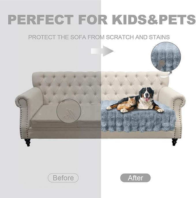 Dogs/Cats Bed Mats, Dog Pad Washable Removable Couch Cover with Anti-Slip Back, Plush Long Fur Mat, Perfect for Small, Medium and Large Dogs.(Light Gray-Bubble, 30"x90")