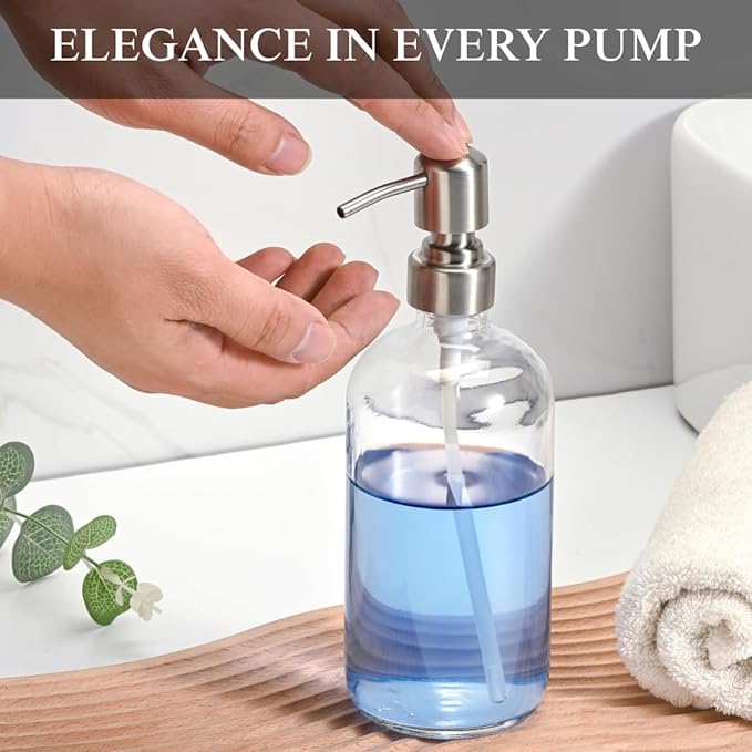 Clear Glass Soap Dispenser with 304 Stainless Steel Pump 17 oz for Kitchen Dish Soap and Bathroom Hand Soap Bottle