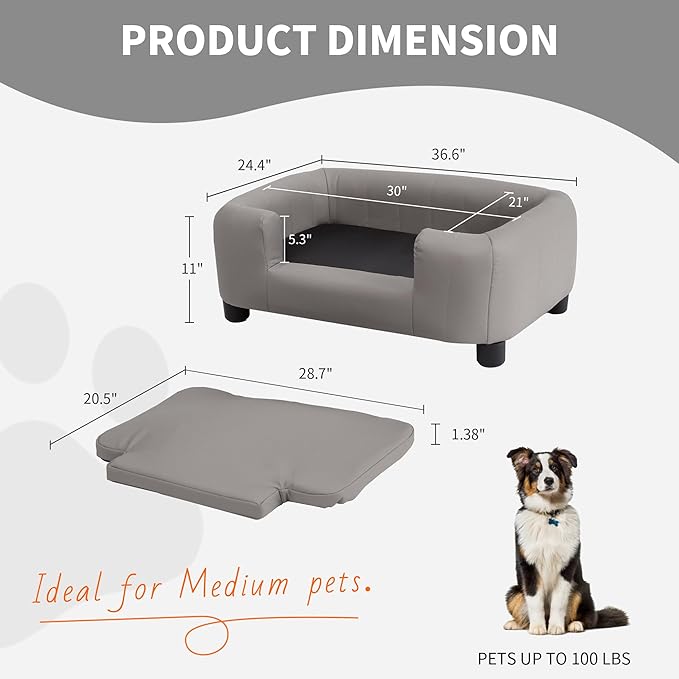 37-Inch Modern Pet Sofa with PU Scratch-Resistant Fabric and Adjustable Legs, Elevated Dog Couch for Small and Medium Dogs, Comfortable Dog Sofa Bed
