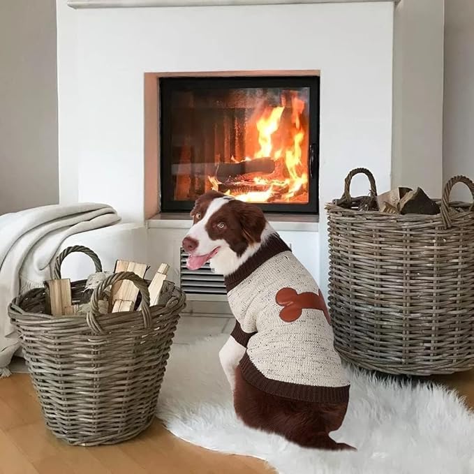 BINGPET Turtle Neck Knitted Dog Sweater,Dog Sweaters for Small Medium Large Dogs with Brown Bone Pattern,Puppy Winter Warm Cloth for Cold Weather Thermal Wear