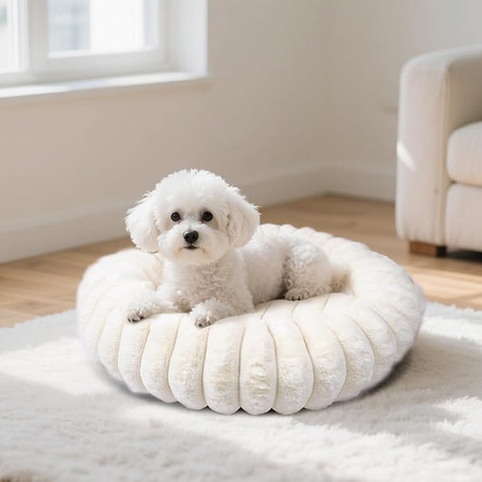 Donut Dog and Cat Bed, Luxurious Comfortable Faux Rabbit Fur Pet Beds, Soft Anti-Anxiety Calming Puppy Kitten Bed with Anti-Slip Bottom for Small Dogs & Cats(20", White)