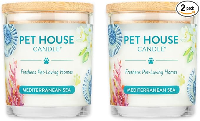 One Fur All Pet House Candle 2 Pack - Plant-Based/Soy - Clean Burning Scented, Long Lasting Pet Odor Candle for Home - Mediterranean Sea