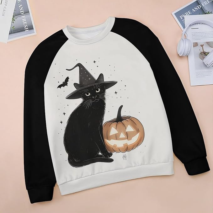 Womens novelty funny cat printed crewneck sweatshirt casual loose long sleeve graphic pullover sweatshirts tops
