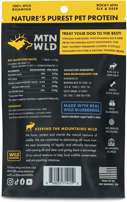 High Country Wild Blueberry Elk & Venison Dog Training Treats - Natural Grain-Free Puppy & Dog Snacks - Protein Treat for Training, Reward - No Fillers, No Artificial Preservatives, 4oz 1 Bag