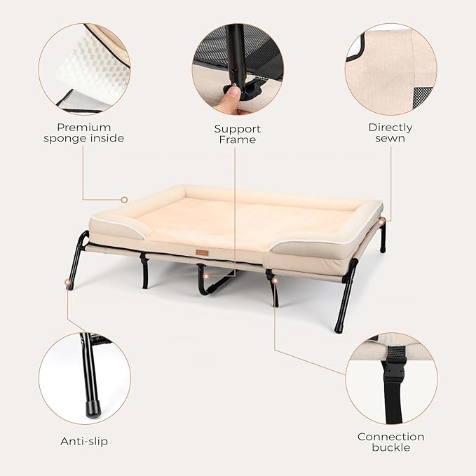 Lekereise Raised Dog Bed for Large Dog 46x33 Inch, Orthopedic Pet Beds with Waterproof Egg Crate Foam, Removable Dogs Couch Bed for Indoor Outdoor, 2-in-1 Design, Load 110lb, Beige