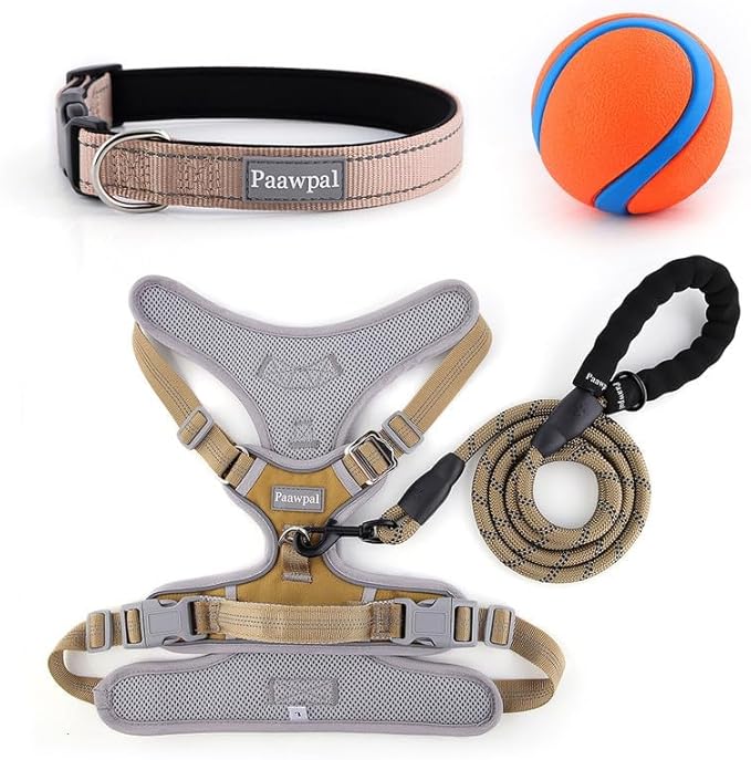 Adjustable Dog Harness - No Pull, Reflective, Soft Padded for Small, Medium, Large Dogs - Includes Leash and Collar Beige L