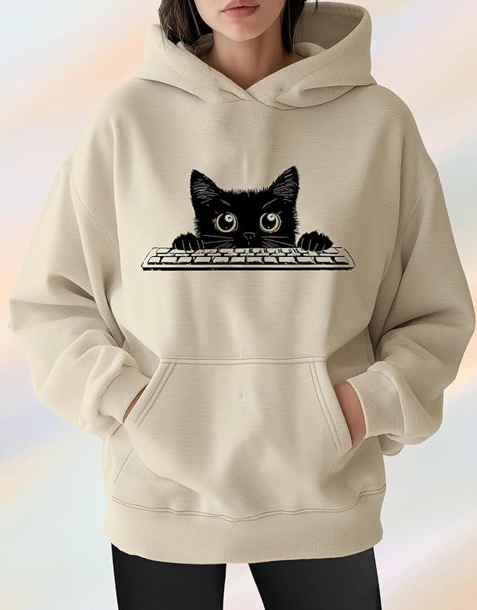Womens Cat Print Hoodies Trendy Funny Cat Graphic Long Sleeve Sweatshirt Y2k Streetwear Hooded Pullover Tops