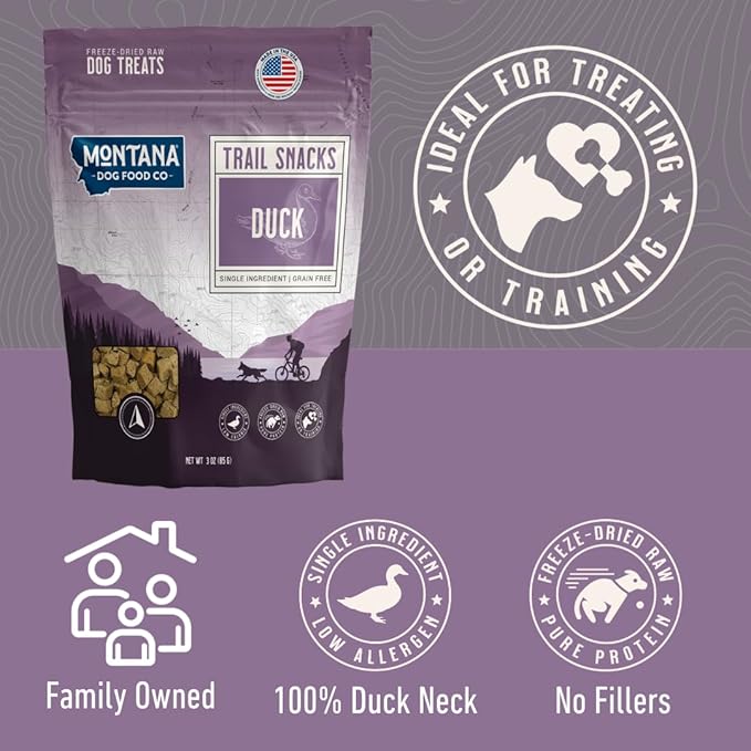 MONTANA DOG FOOD CO. Freeze-Dried Duck Neck Dog Treats – 100% Natural, Single Ingredient, High Protein, Grain-Free, Made in USA – 3 oz Bag