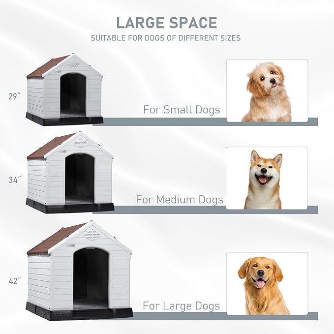 LEMBERI Durable Waterproof Plastic Dog House for Small to Large Sized Dogs, Indoor Outdoor Doghouse Insulated Puppy Shelter with Elevated Floor, Easy to Assemble (Brown with Liner, 42''L*38''W*39''H)