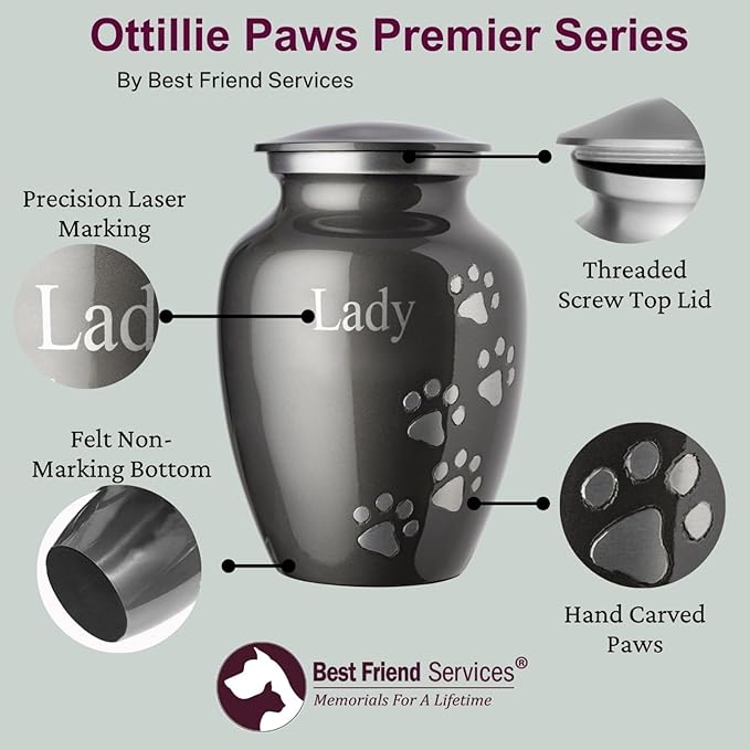 Pet Urn for Dogs and Cats with Personalized Laser Engraving, Ottillie Paws Premier Series Memorial Urns (X-Large Cloud White with Horizontal Brass Paws)