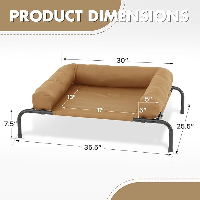 Athena Collection Outdoor Elevated Dog Bed with Removable Bolsters, 35.5 Inches Raised Dog Cot Washable with Metal Frame Non-Slip Feet for Small Dog Puppy, Brown
