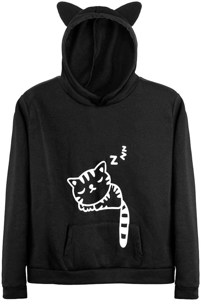 Women Teen Girls Hoodie Sweatshirt With Cute Cat Ear and Sleeping Cat Printed Pullover