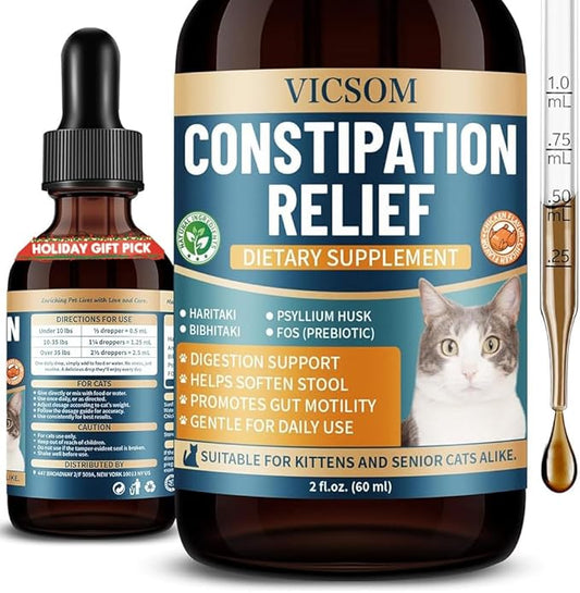 VICSOM Cat Constipation Relief for Cats, Natural Liquid Constipation Drops for Cats Soften Stool, Promotes Digestive Health, Cat Herbal Supplements, Chicken Flavor, 60 Ml/2 Fl Oz