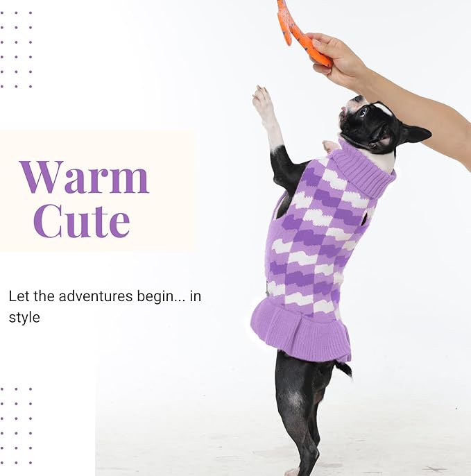 Dog Sweaters for Large Dogs Girl, Dog Sweater Dress with Leash Hole, Thick Turtleneck Knitwear for Female Dogs, Warm Fall Winter Dress for Cold Weather, Thanksgiving, Christmas - Purple L