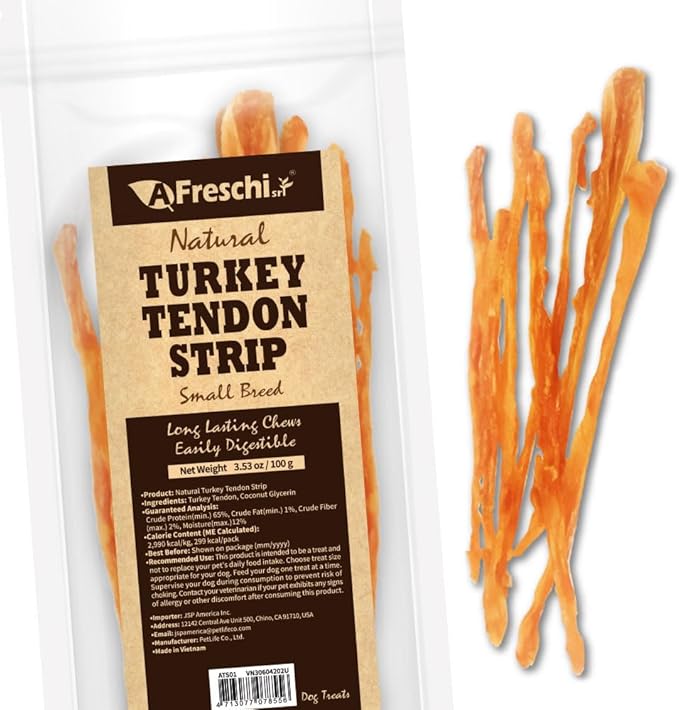 A Freschi srl Turkey Tendons for Dogs, USA-Sourced, Healthy Dog Treats, Rawhide-Free Puppy Chews, Long Lasting, All Natural, Hypoallergenic Dog Treats for Small Breeds, 3.53 oz Pack Strips