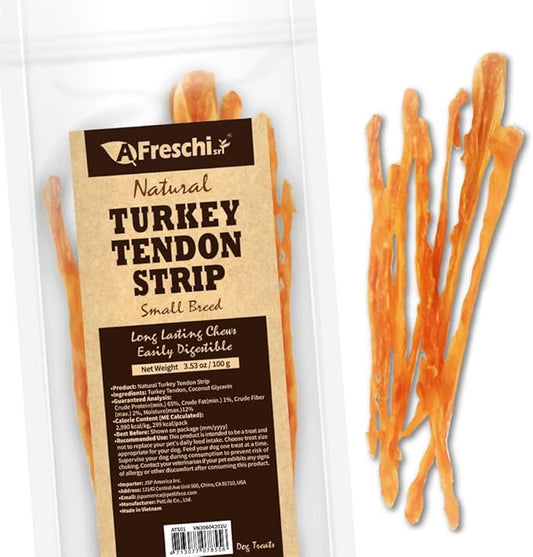 A Freschi srl Turkey Tendons for Dogs, USA-Sourced, Healthy Dog Treats, Rawhide-Free Puppy Chews, Long Lasting, All Natural, Hypoallergenic Dog Treats for Small Breeds, 3.53 oz Pack Strips