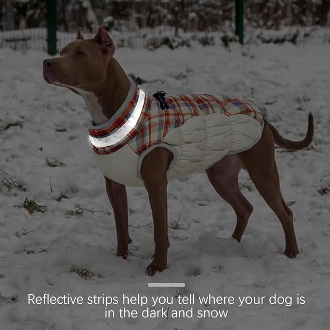 FUAMEY Dog Coat for Large Dogs,Waterproof Dog Winter Jacket with Harness Built in Puppy Cold Weather Coats Reflective Pet Vest with Zipper Warm Fleece Dogs Snowsuit Windproof Red Plaid XL