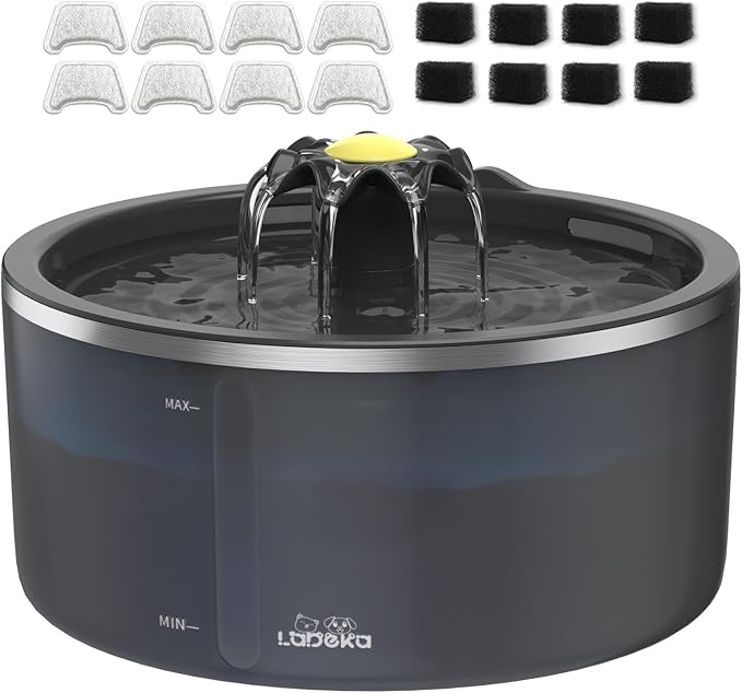 Cat Water Fountain with Dual Filtration System, 2.5L/84oz Pet Water Fountain for Cats Inside, Cat Fountain for Drinking with Ultra Quiet Pump(≤20dB)& LED Blue Light - for Pets Small Animals(8Filters)