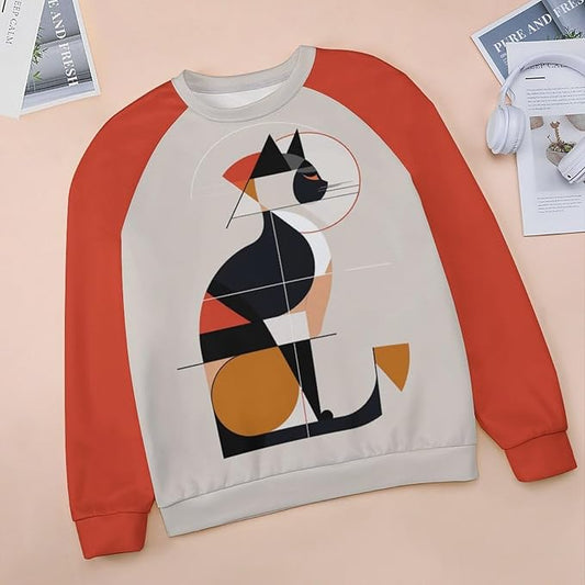Biacolum Long Sleeve Shirts for Women Mid Century Retro Style Atomic Cat 3D Graphic Sweatshirts Fall Crewneck Pullover Top